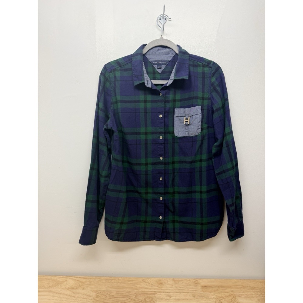 Tommy Hilfiger Plaid Button Down Shirt Green  Roll Tab Sleeve Women's Large #13